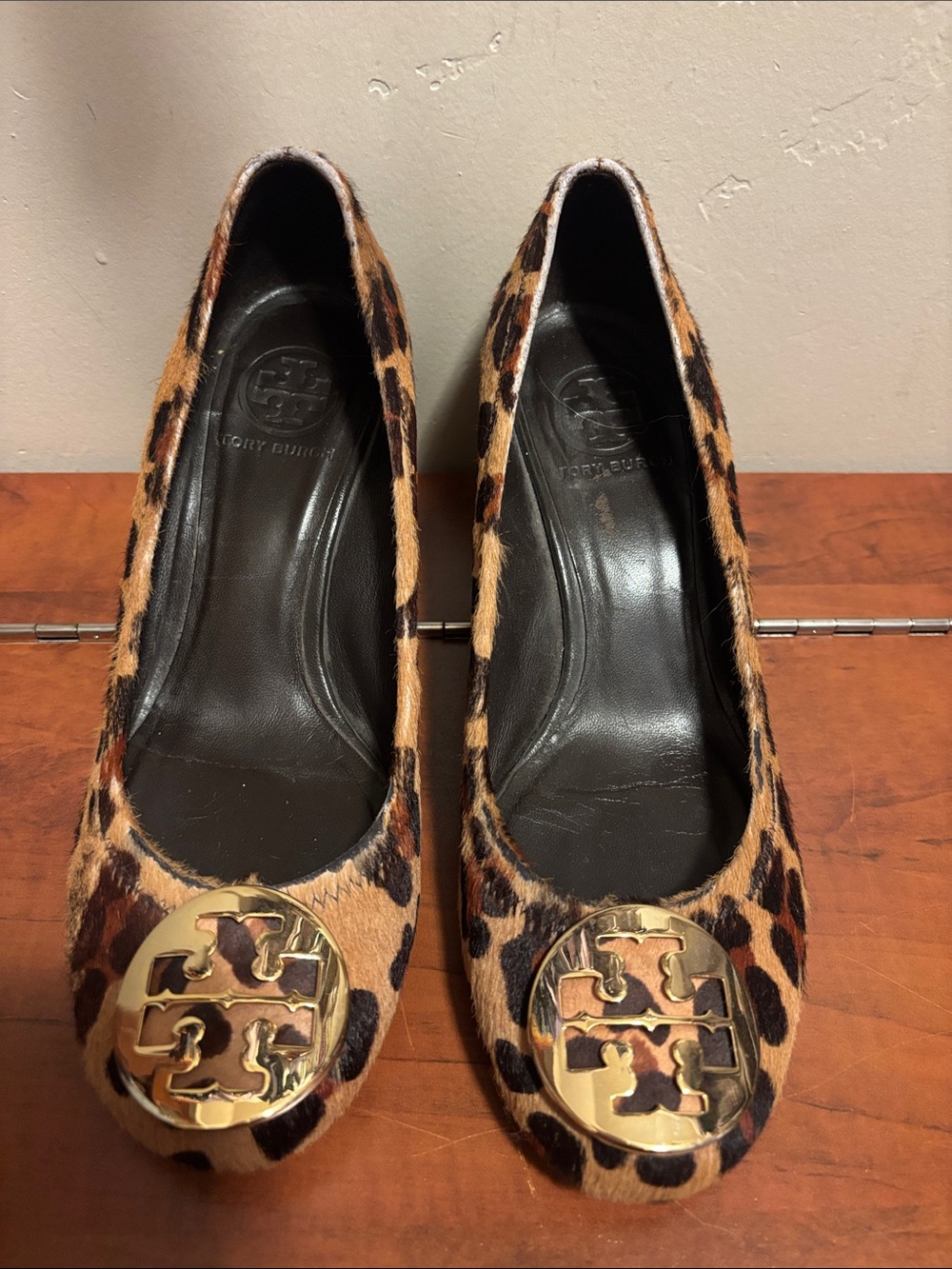 Tory Burch Leopard Print Logo wedges  with Gold Medallion